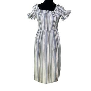 Vine & Love Midi Dress Striped Smocked Square Neck Multicolor Boho Cottagecore S